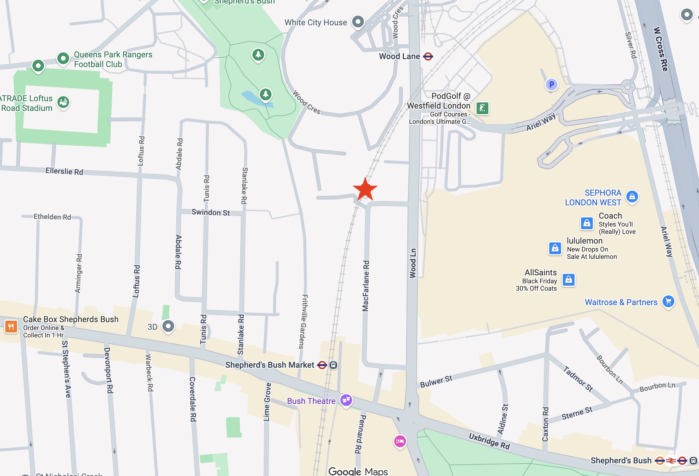 Map showing Lamabuild's location at Arch 140 Macfarlane Road, London W12 7LA